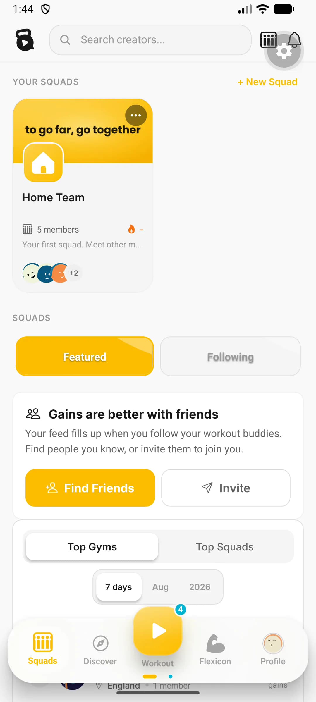 JustGains Squads screen with a Home Team, member avatars, and friend invitations