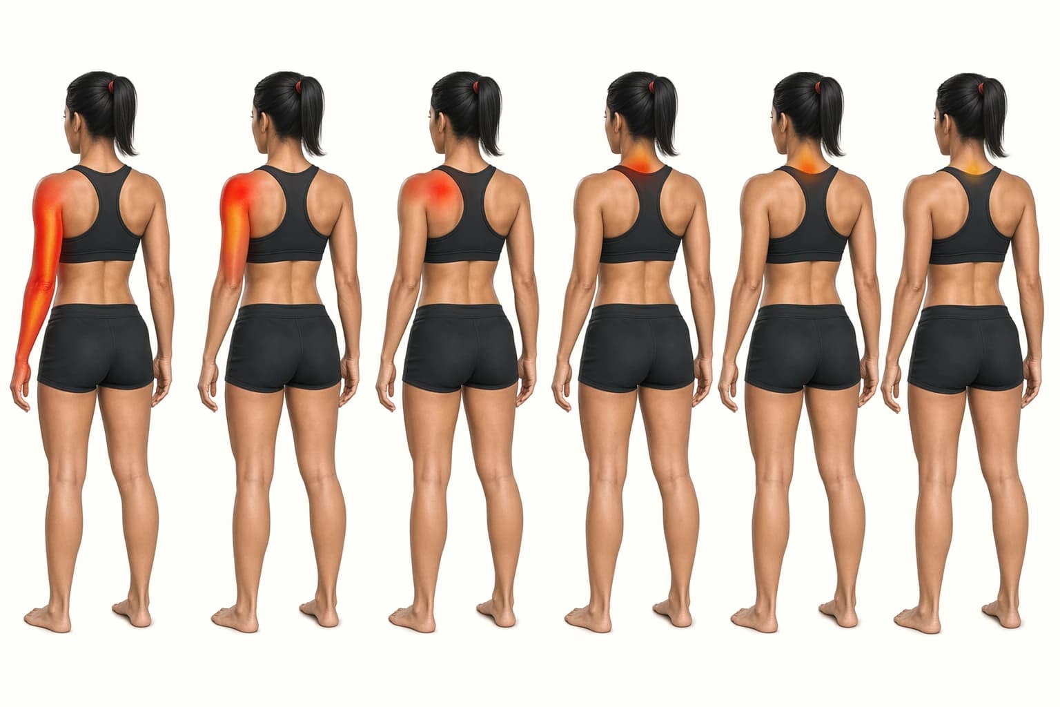 Six-stage anatomical sequence showing pain gradually retreating from the arm and shoulder toward the center of the neck
