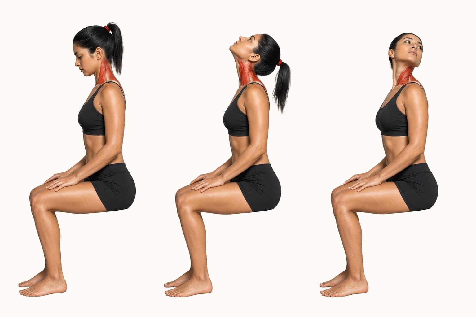 Three-stage anatomical sequence of seated neck extension beginning from a retracted head position