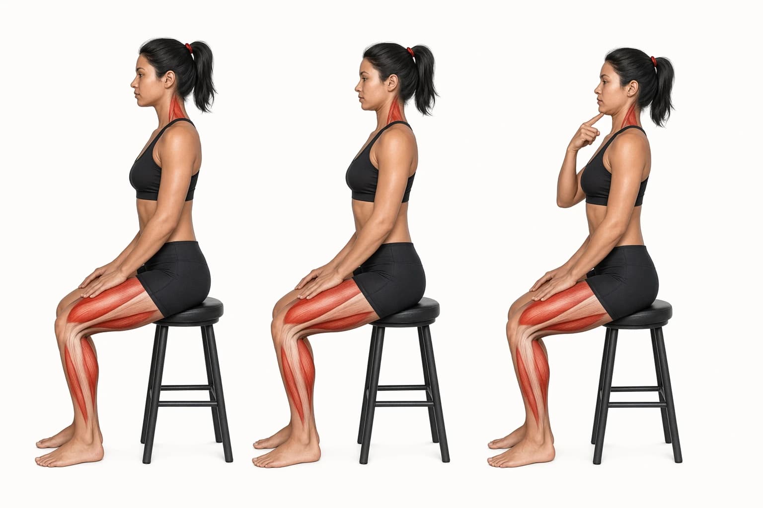 Three-stage anatomical sequence of a seated head retraction with optional light pressure at the chin