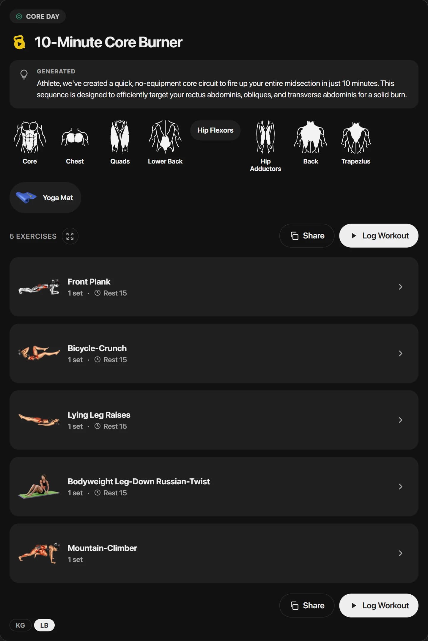 JustGains workout card rendered inside a chat in dark mode, showing a generated 10-Minute Core Burner workout with highlighted muscle groups, a yoga mat equipment chip, and five bodyweight core exercises with video thumbnails