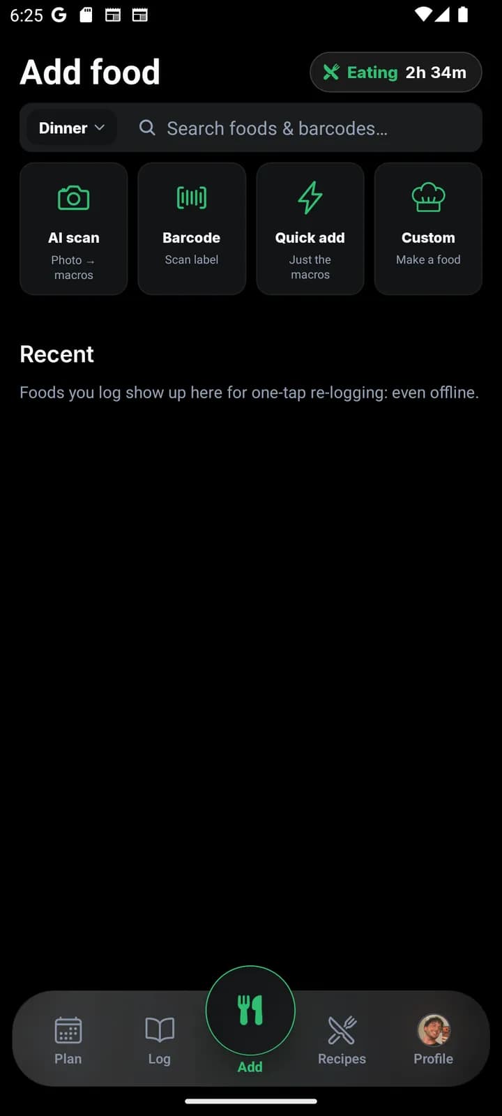 Add food screen with a search bar, AI photo scan, barcode scan, quick add, and custom food options.
