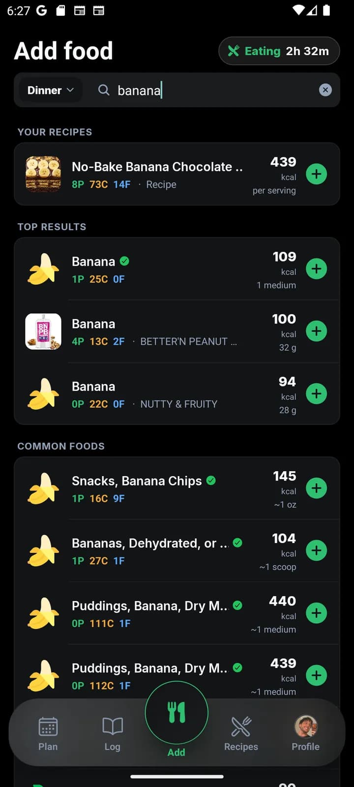 Food search results for banana showing calories, protein, carbs, and fat for each result.