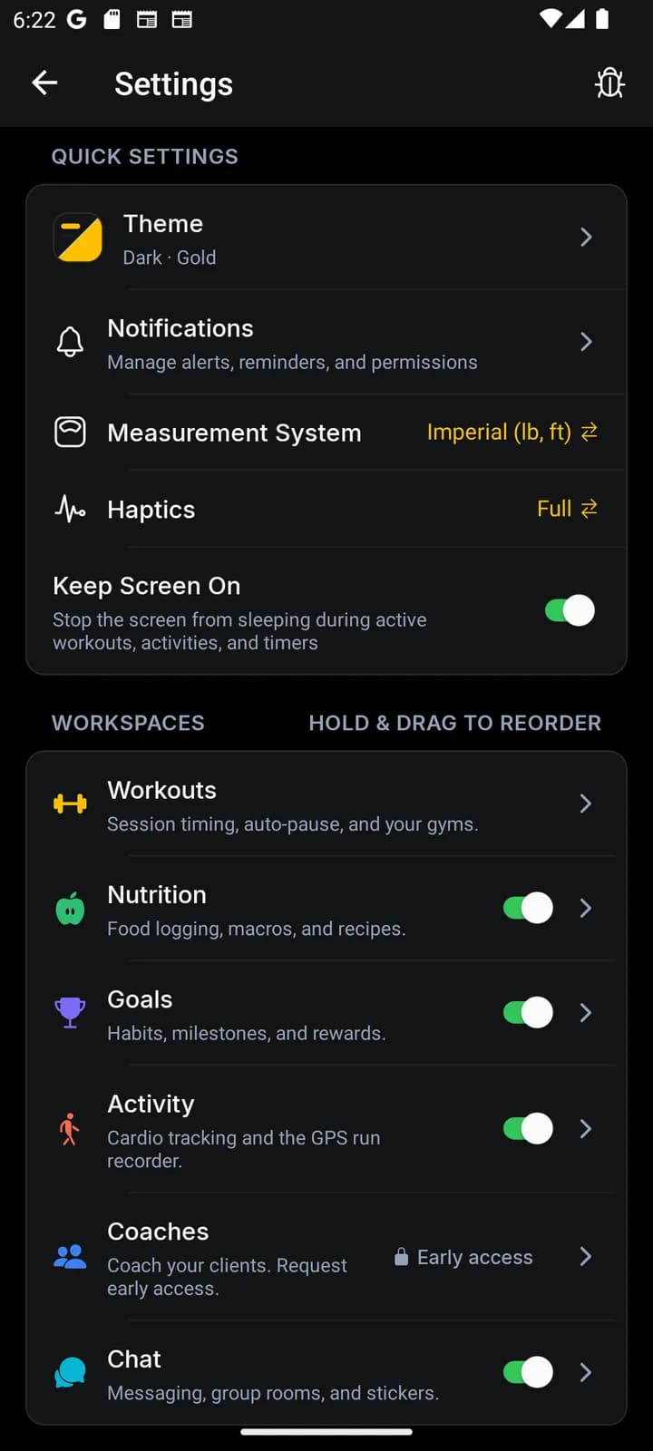 Settings screen with theme, notifications, measurement system, haptics, and workspace toggles.