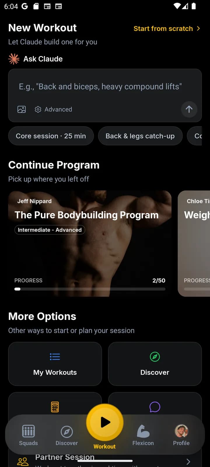 New Workout screen with the Ask Claude box and an option to attach an image or PDF of a workout.